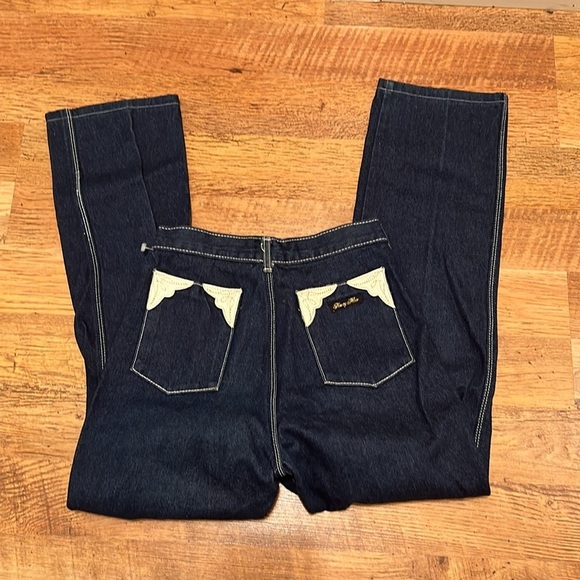 Vintage Dark Wash High Rise Straight Leg Denim With Patches A21 - Picture 1 of 4